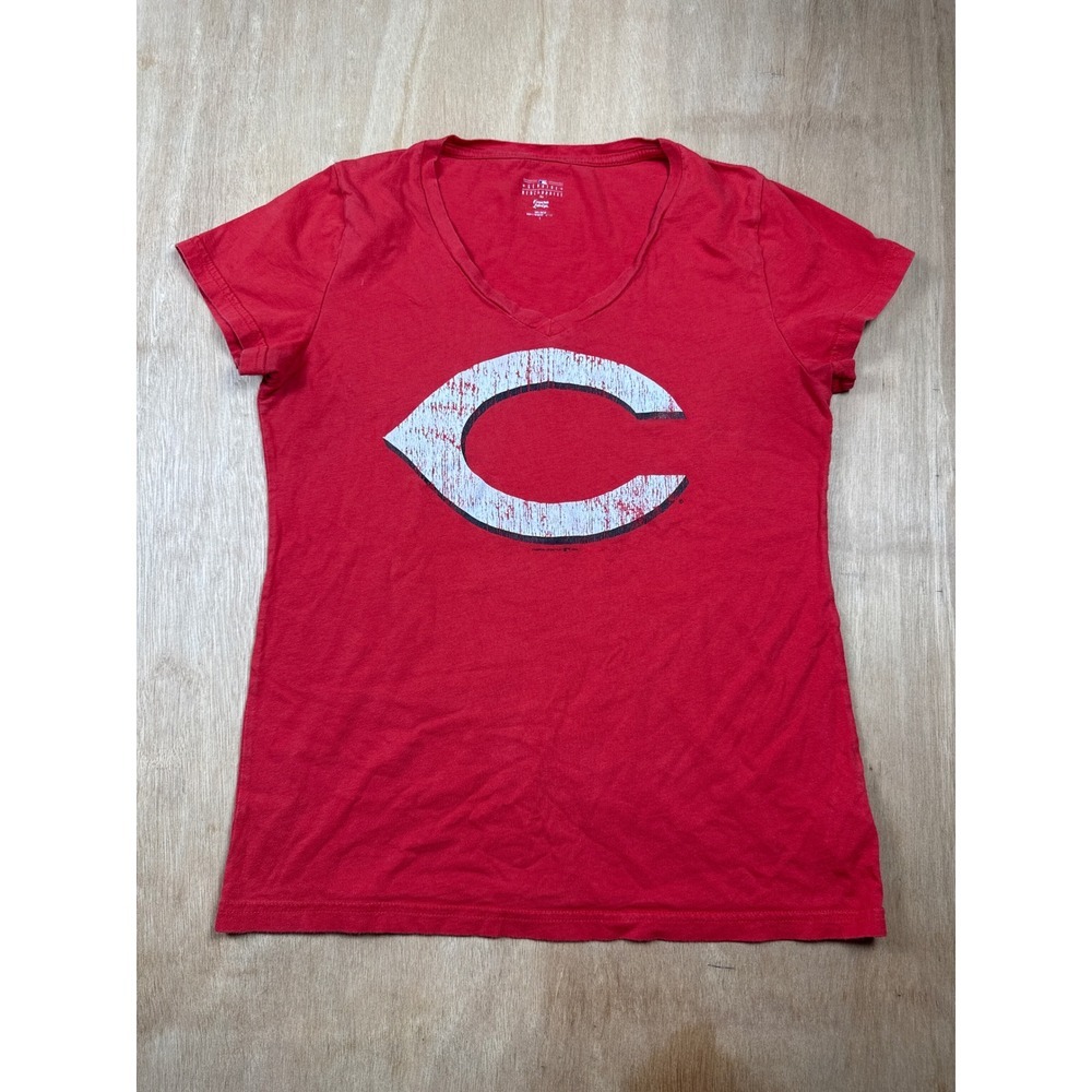Cincinnati Reds V Neck T Shirt Red Womens Distressed Logo Short Sleeve Size S
